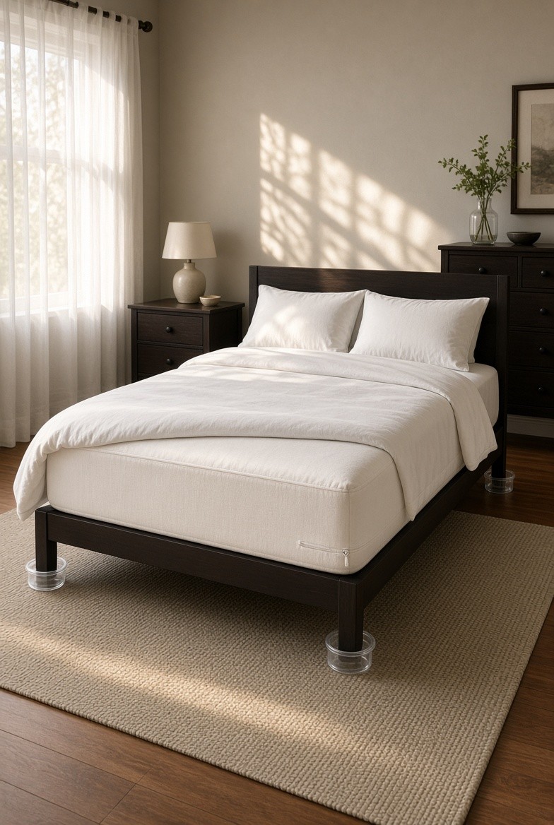 Mattress encasement and bed-leg interceptor cups after treatment
